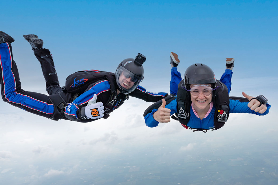 Skydiving student and her instructor give a thumbs up to the camera during freefall.