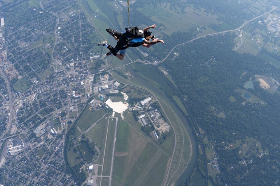 Shot from above of tandem skydivers.